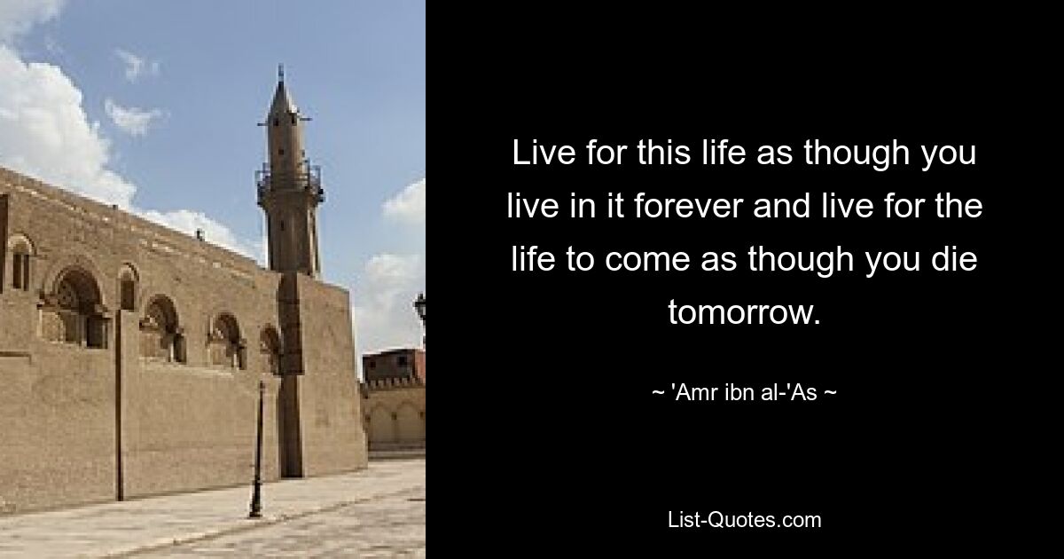 Live for this life as though you live in it forever and live for the life to come as though you die tomorrow. — © 'Amr ibn al-'As