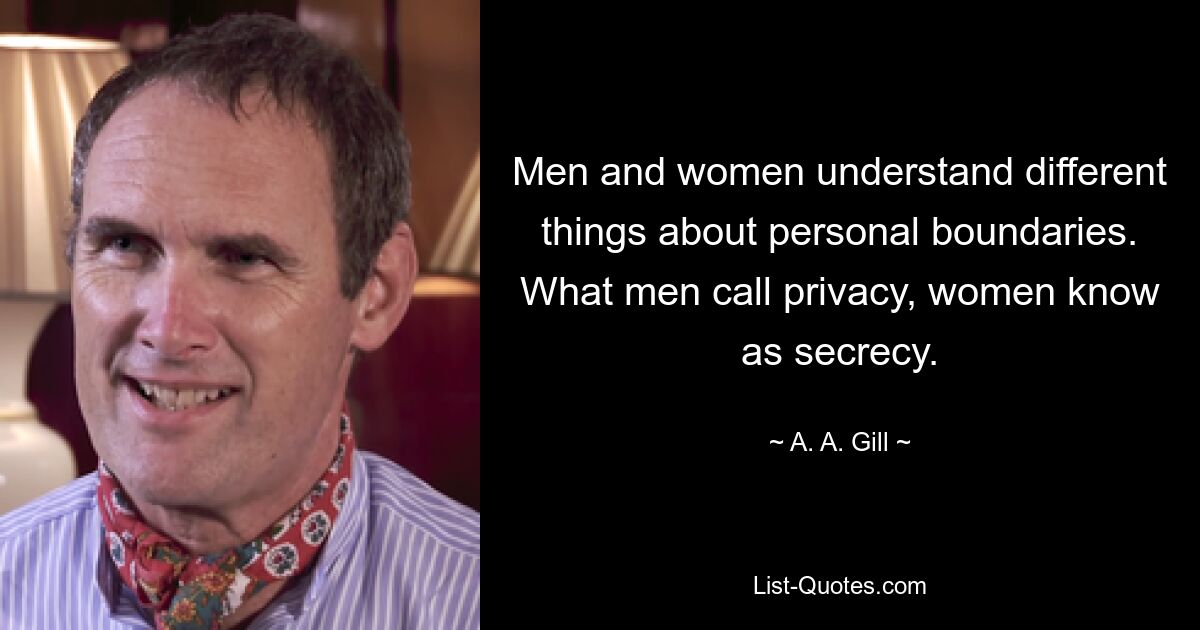 Men and women understand different things about personal boundaries. What men call privacy, women know as secrecy. — © A. A. Gill