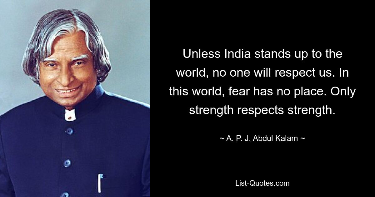 Unless India stands up to the world, no one will respect us. In this world, fear has no place. Only strength respects strength. — © A. P. J. Abdul Kalam