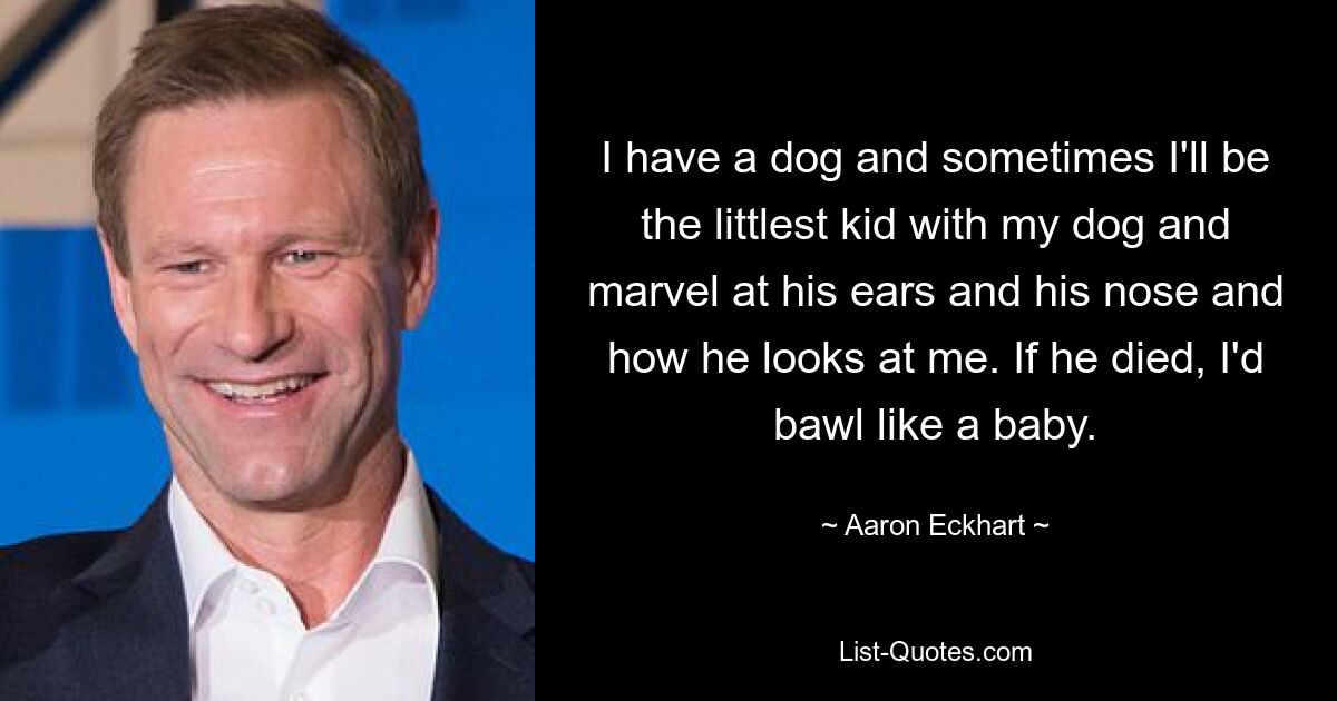 I have a dog and sometimes I'll be the littlest kid with my dog and marvel at his ears and his nose and how he looks at me. If he died, I'd bawl like a baby. — © Aaron Eckhart