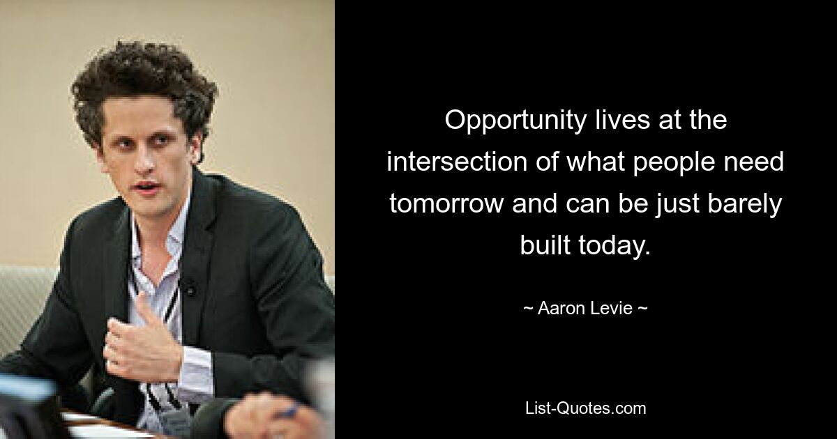 Opportunity lives at the intersection of what people need tomorrow and can be just barely built today. — © Aaron Levie