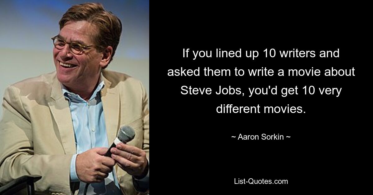 If you lined up 10 writers and asked them to write a movie about Steve Jobs, you'd get 10 very different movies. — © Aaron Sorkin