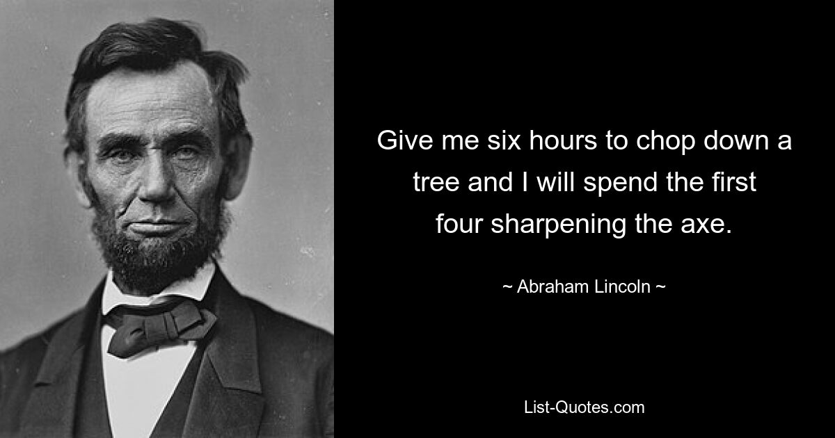 Give me six hours to chop down a tree and I will spend the first four sharpening the axe. — © Abraham Lincoln