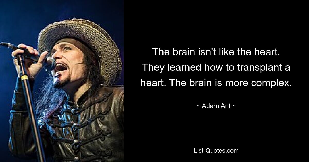 The brain isn't like the heart. They learned how to transplant a heart. The brain is more complex. — © Adam Ant