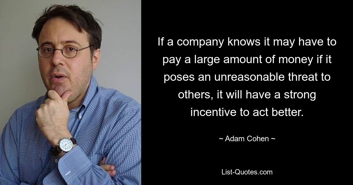 If a company knows it may have to pay a large amount of money if it poses an unreasonable threat to others, it will have a strong incentive to act better. — © Adam Cohen