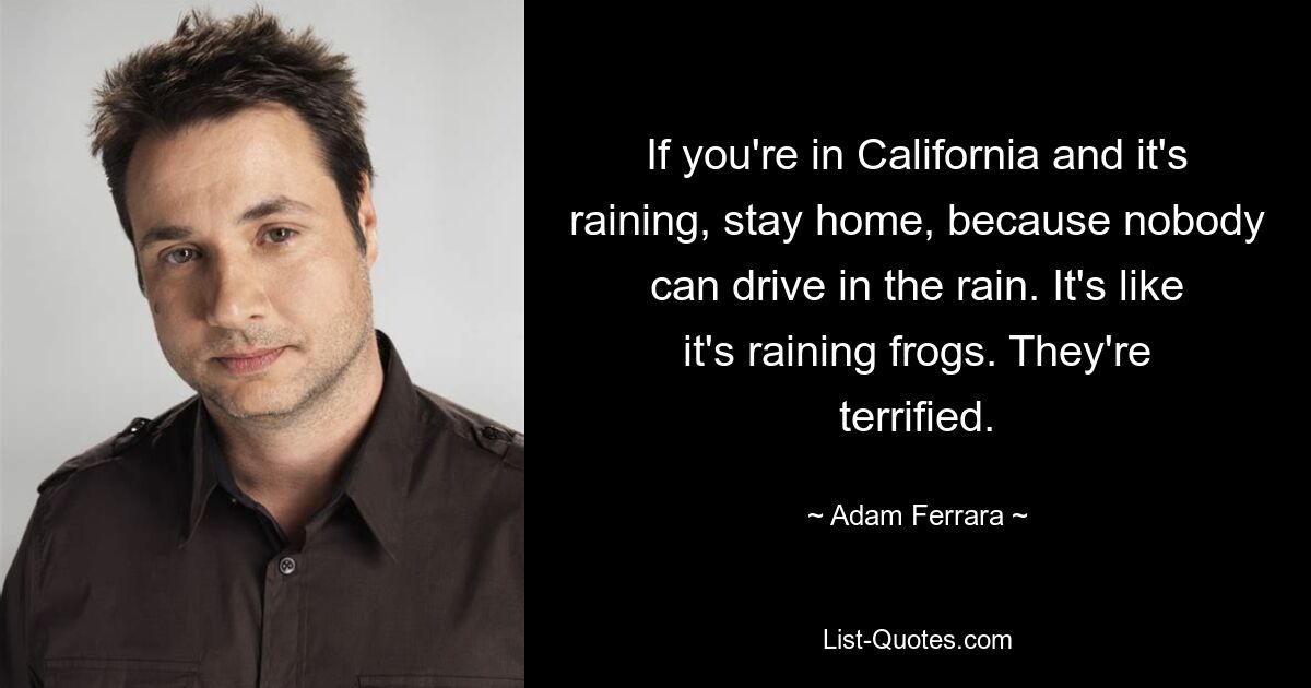 If you're in California and it's raining, stay home, because nobody can drive in the rain. It's like it's raining frogs. They're terrified. — © Adam Ferrara