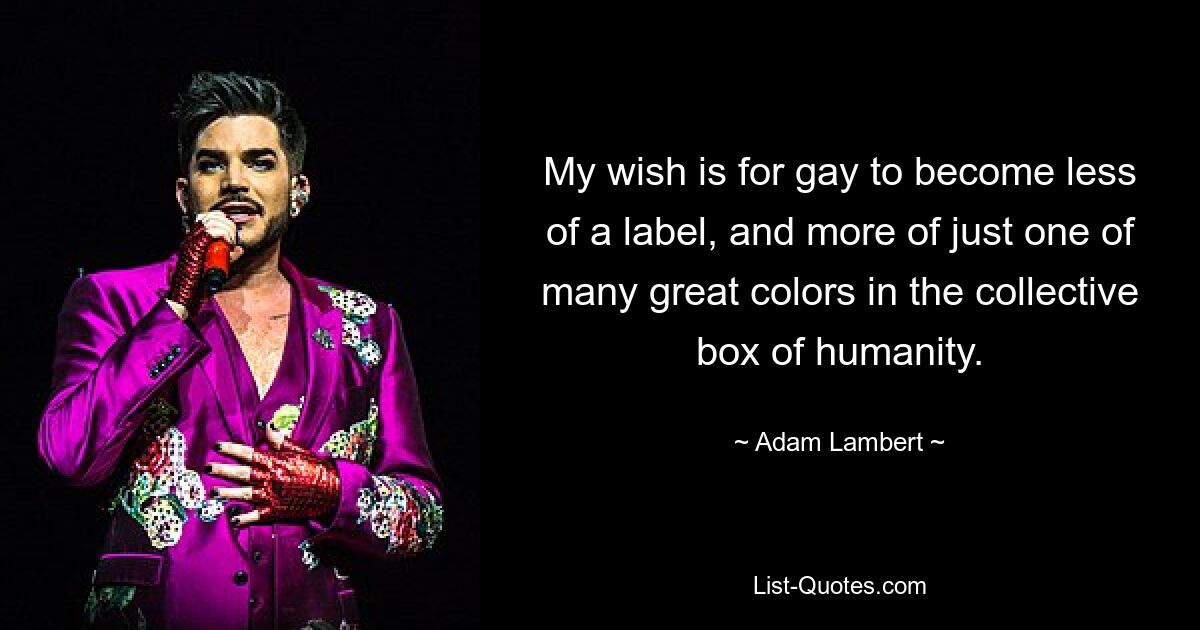 My wish is for gay to become less of a label, and more of just one of many great colors in the collective box of humanity. — © Adam Lambert