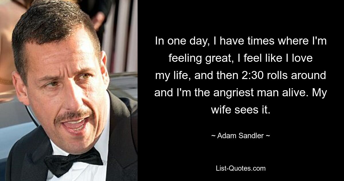 In one day, I have times where I'm feeling great, I feel like I love my life, and then 2:30 rolls around and I'm the angriest man alive. My wife sees it. — © Adam Sandler