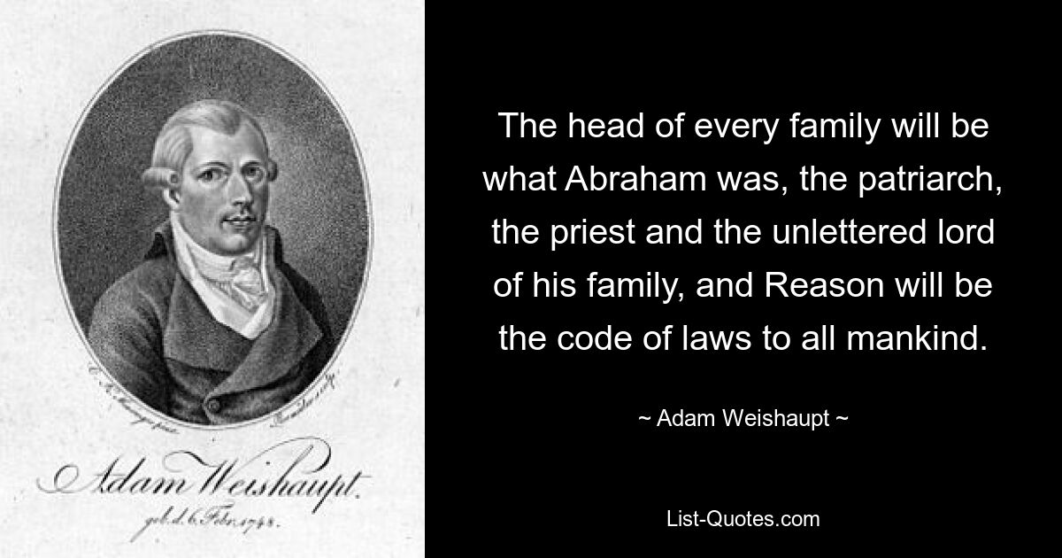 The head of every family will be what Abraham was, the patriarch, the priest and the unlettered lord of his family, and Reason will be the code of laws to all mankind. — © Adam Weishaupt