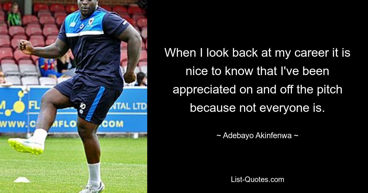 When I look back at my career it is nice to know that I've been appreciated on and off the pitch because not everyone is. — © Adebayo Akinfenwa