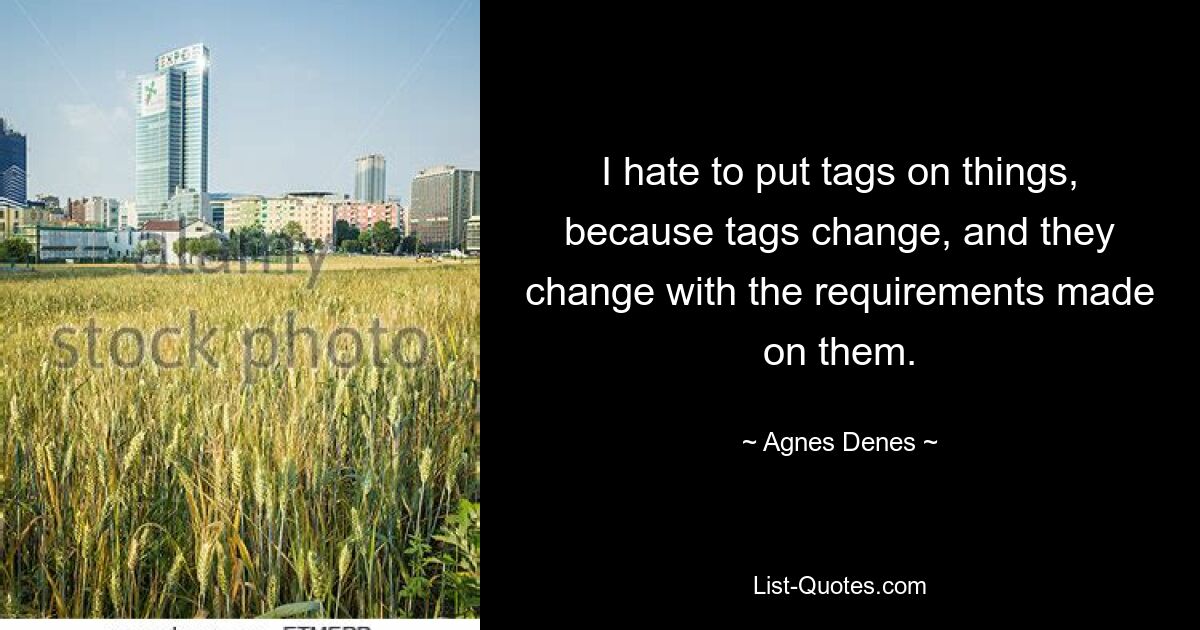 I hate to put tags on things, because tags change, and they change with the requirements made on them. — © Agnes Denes