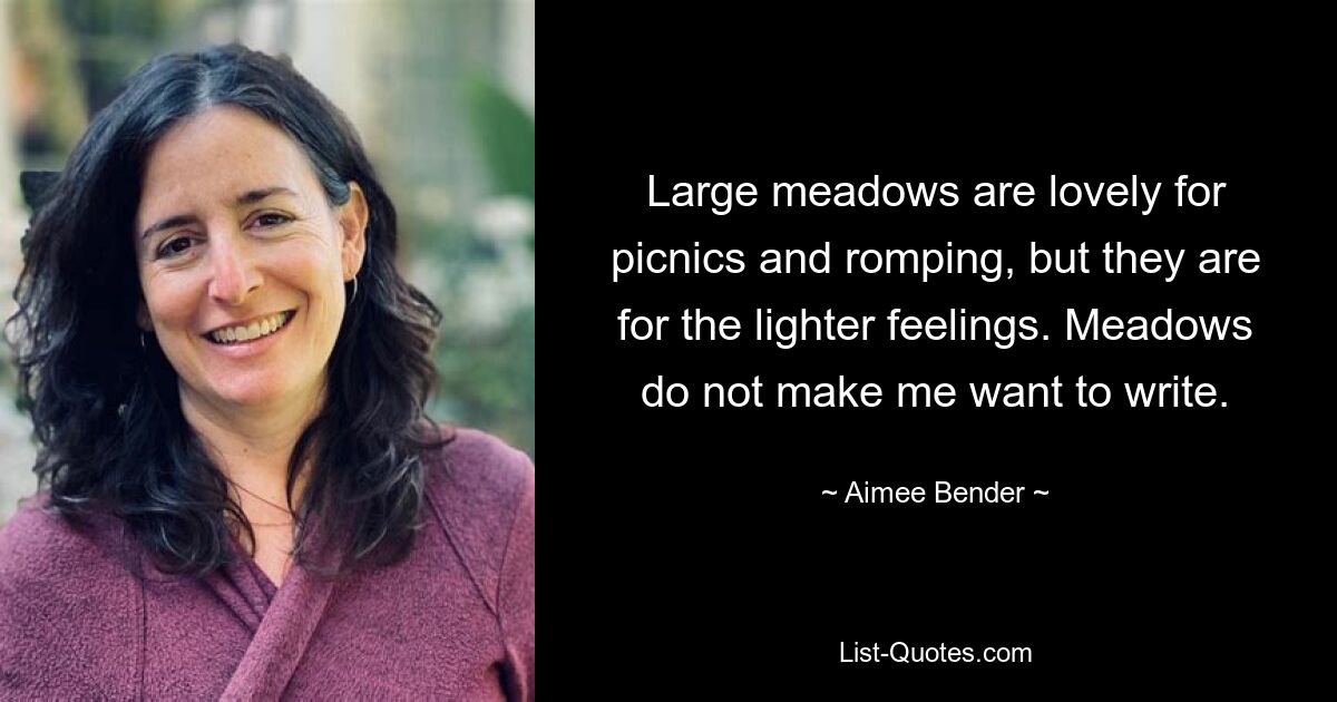 Large meadows are lovely for picnics and romping, but they are for the lighter feelings. Meadows do not make me want to write. — © Aimee Bender