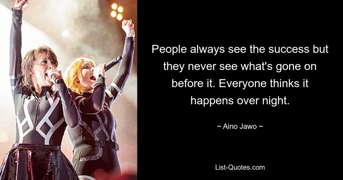 People always see the success but they never see what's gone on before it. Everyone thinks it happens over night. — © Aino Jawo