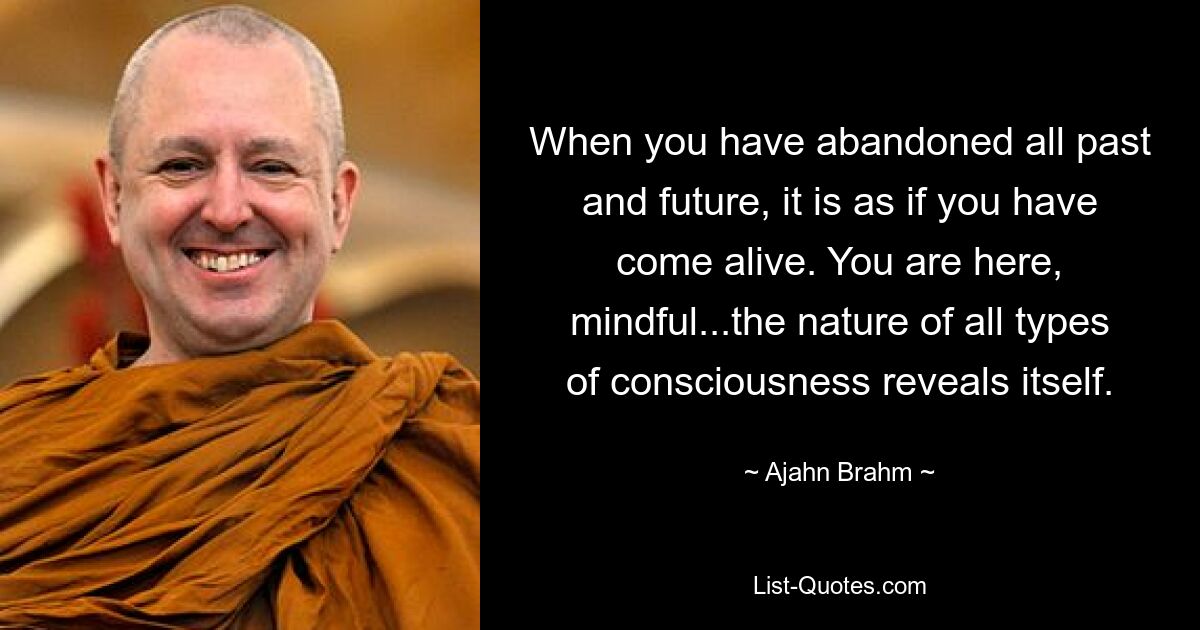 When you have abandoned all past and future, it is as if you have come alive. You are here, mindful...the nature of all types of consciousness reveals itself. — © Ajahn Brahm