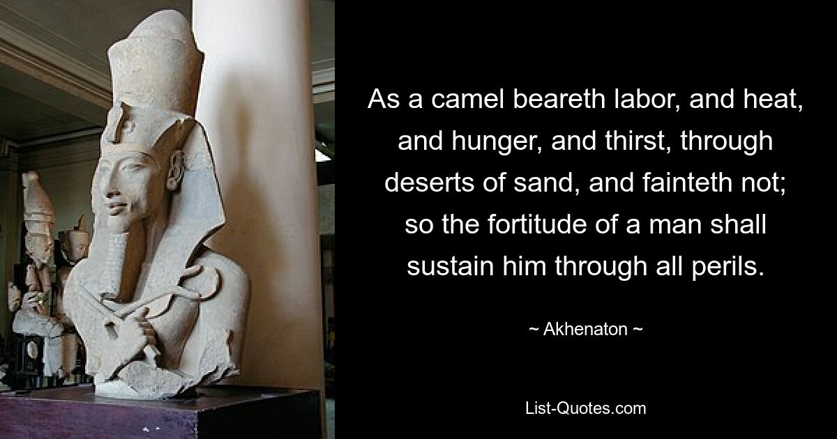 As a camel beareth labor, and heat, and hunger, and thirst, through deserts of sand, and fainteth not; so the fortitude of a man shall sustain him through all perils. — © Akhenaton