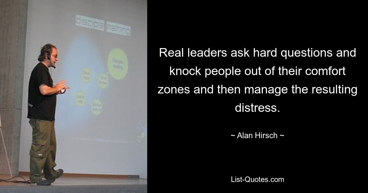 Real leaders ask hard questions and knock people out of their comfort zones and then manage the resulting distress. — © Alan Hirsch