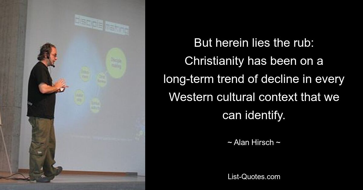 But herein lies the rub: Christianity has been on a long-term trend of decline in every Western cultural context that we can identify. — © Alan Hirsch