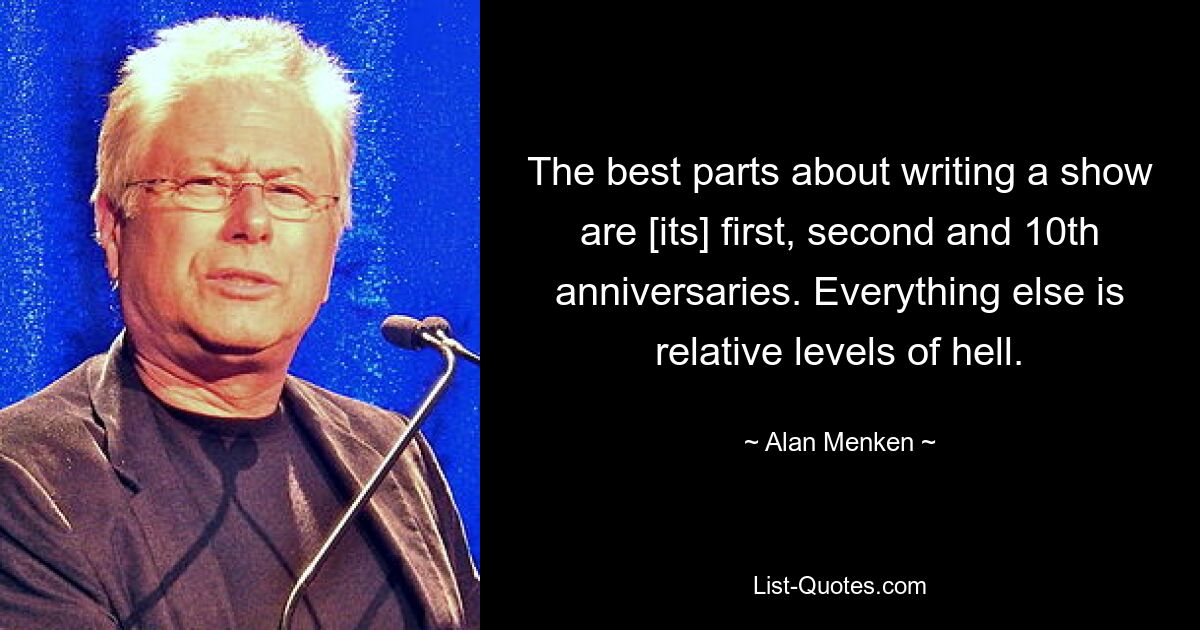 The best parts about writing a show are [its] first, second and 10th anniversaries. Everything else is relative levels of hell. — © Alan Menken