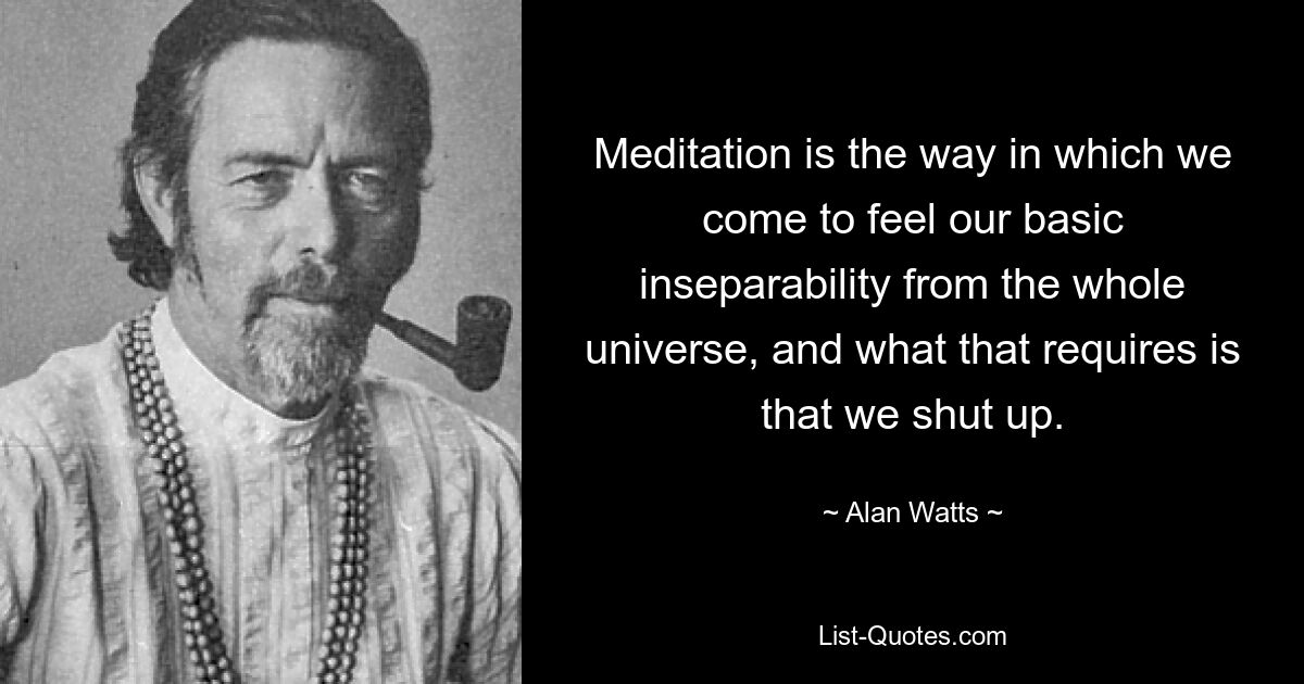 Meditation is the way in which we come to feel our basic inseparability from the whole universe, and what that requires is that we shut up. — © Alan Watts