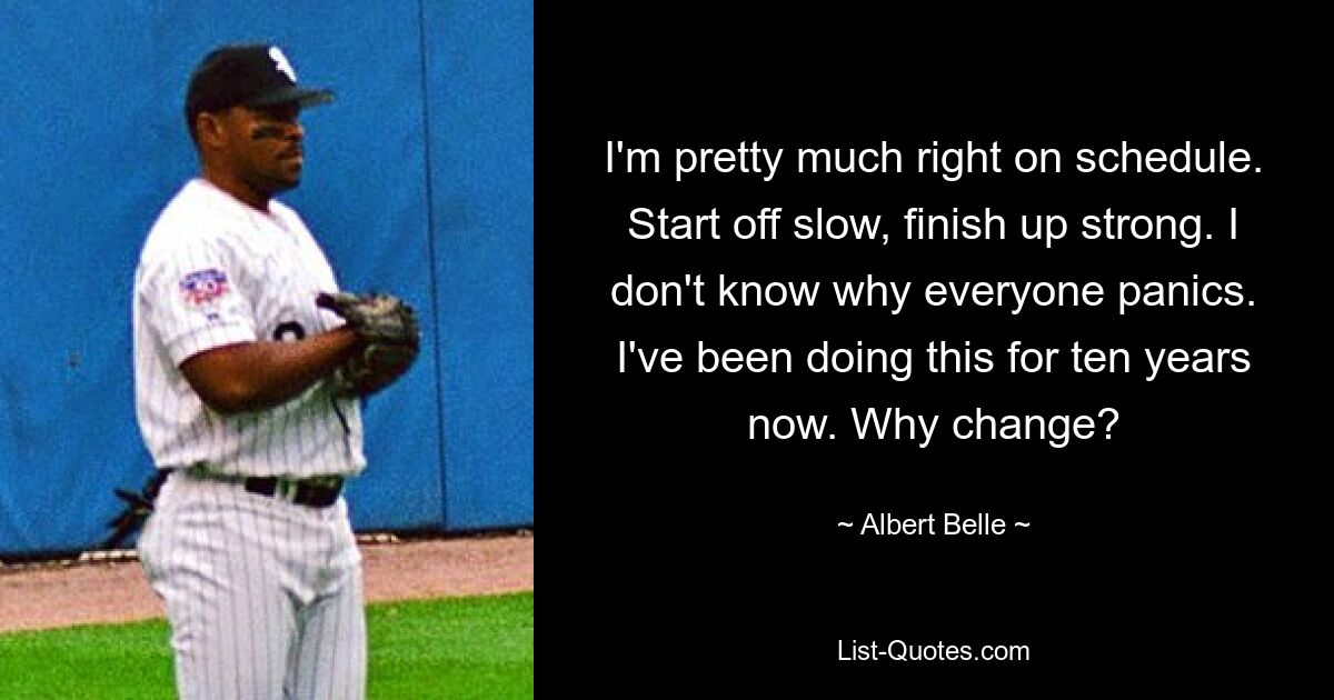 I'm pretty much right on schedule. Start off slow, finish up strong. I don't know why everyone panics. I've been doing this for ten years now. Why change? — © Albert Belle