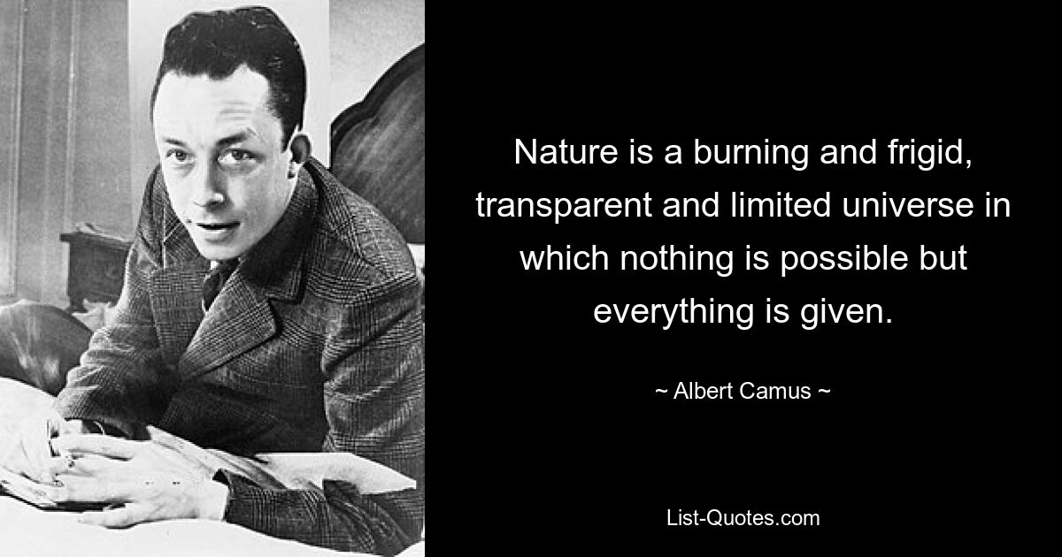 Nature is a burning and frigid, transparent and limited universe in which nothing is possible but everything is given. — © Albert Camus