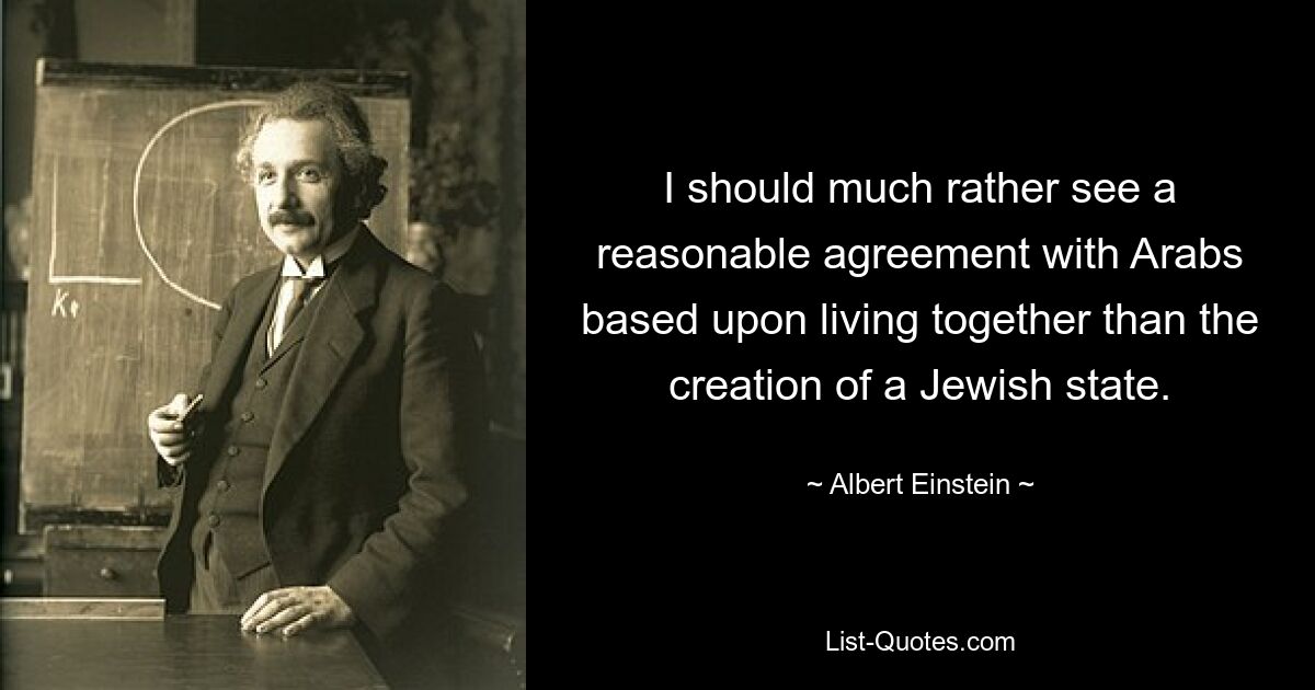 I should much rather see a reasonable agreement with Arabs based upon living together than the creation of a Jewish state. — © Albert Einstein