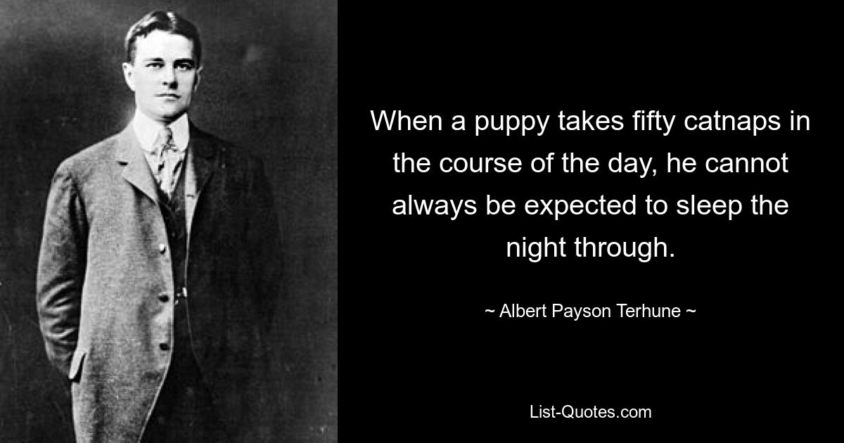 When a puppy takes fifty catnaps in the course of the day, he cannot always be expected to sleep the night through. — © Albert Payson Terhune