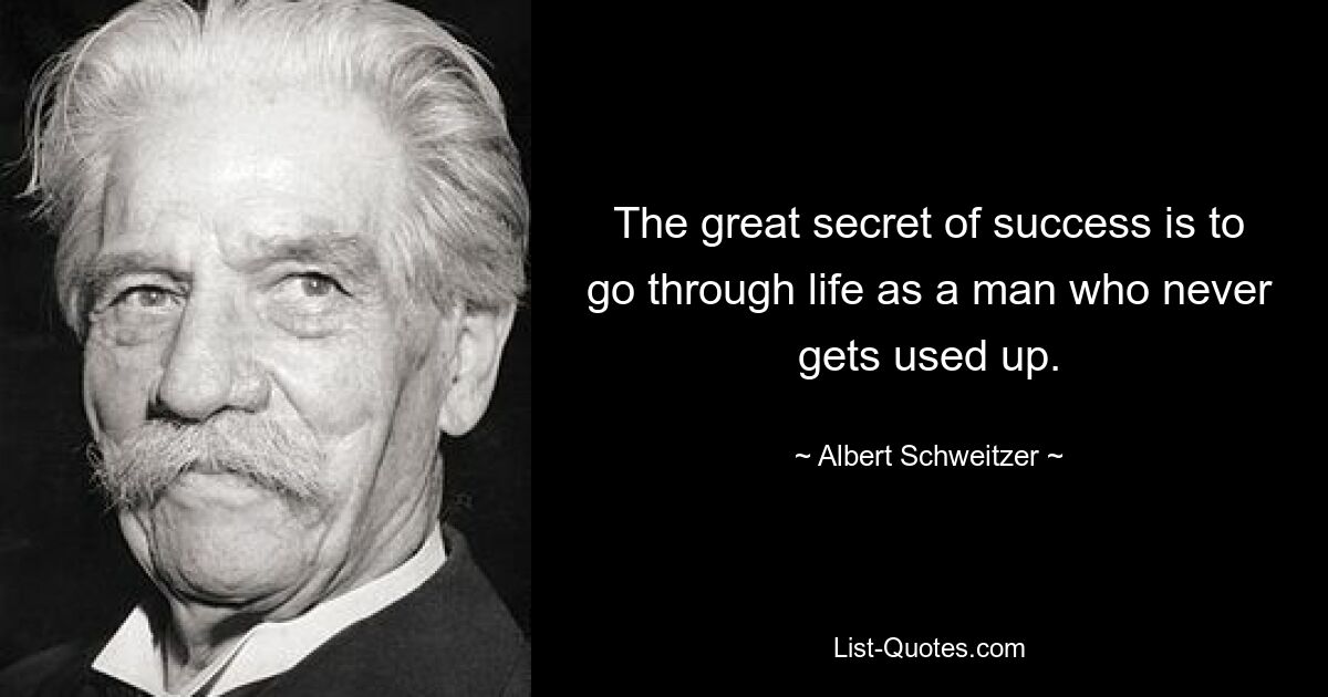 The great secret of success is to go through life as a man who never gets used up. — © Albert Schweitzer