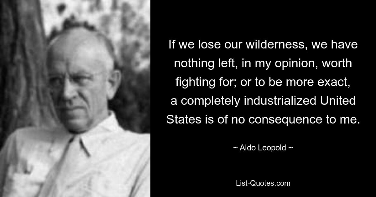 If we lose our wilderness, we have nothing left, in my opinion, worth fighting for; or to be more exact, a completely industrialized United States is of no consequence to me. — © Aldo Leopold