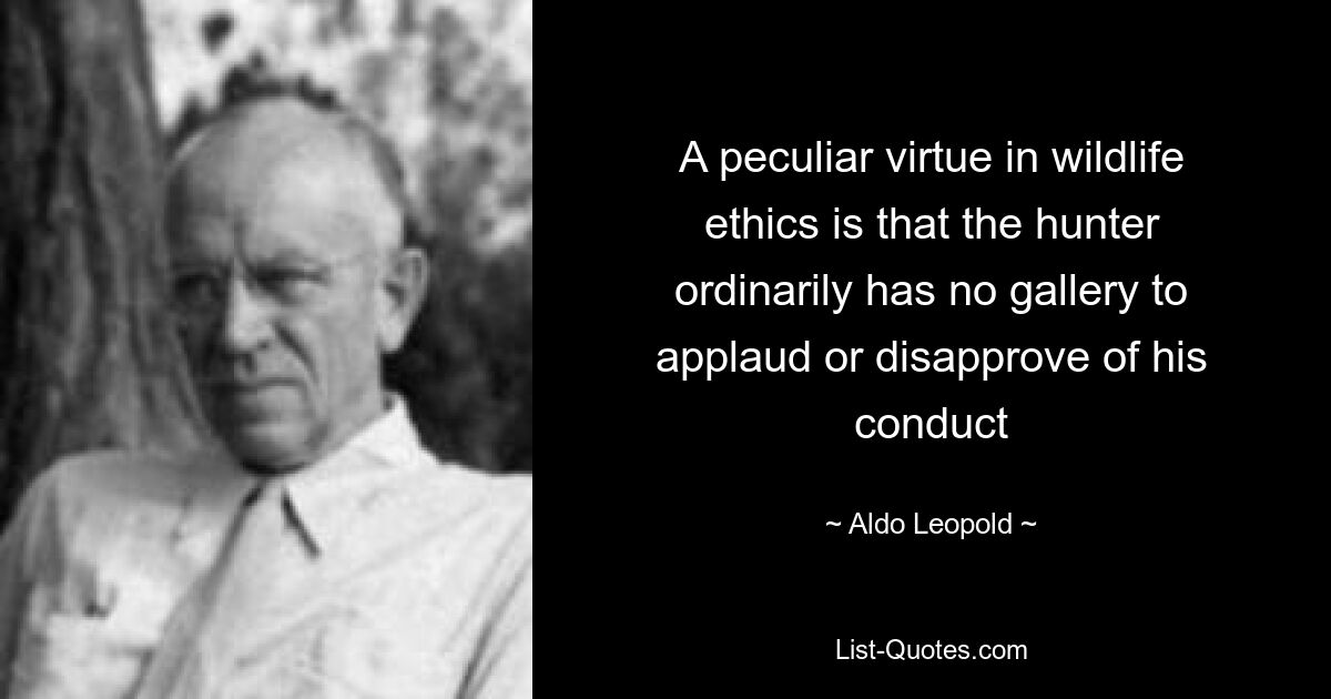 A peculiar virtue in wildlife ethics is that the hunter ordinarily has no gallery to applaud or disapprove of his conduct — © Aldo Leopold