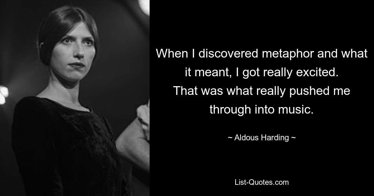 When I discovered metaphor and what it meant, I got really excited. That was what really pushed me through into music. — © Aldous Harding