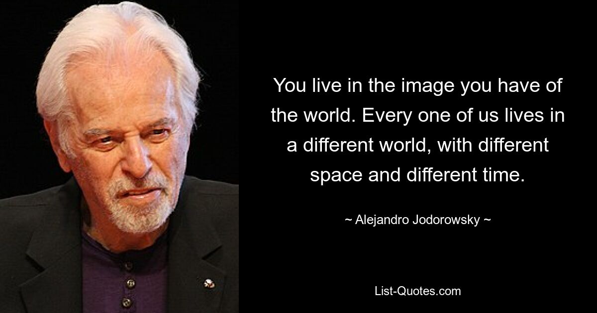 You live in the image you have of the world. Every one of us lives in a different world, with different space and different time. — © Alejandro Jodorowsky