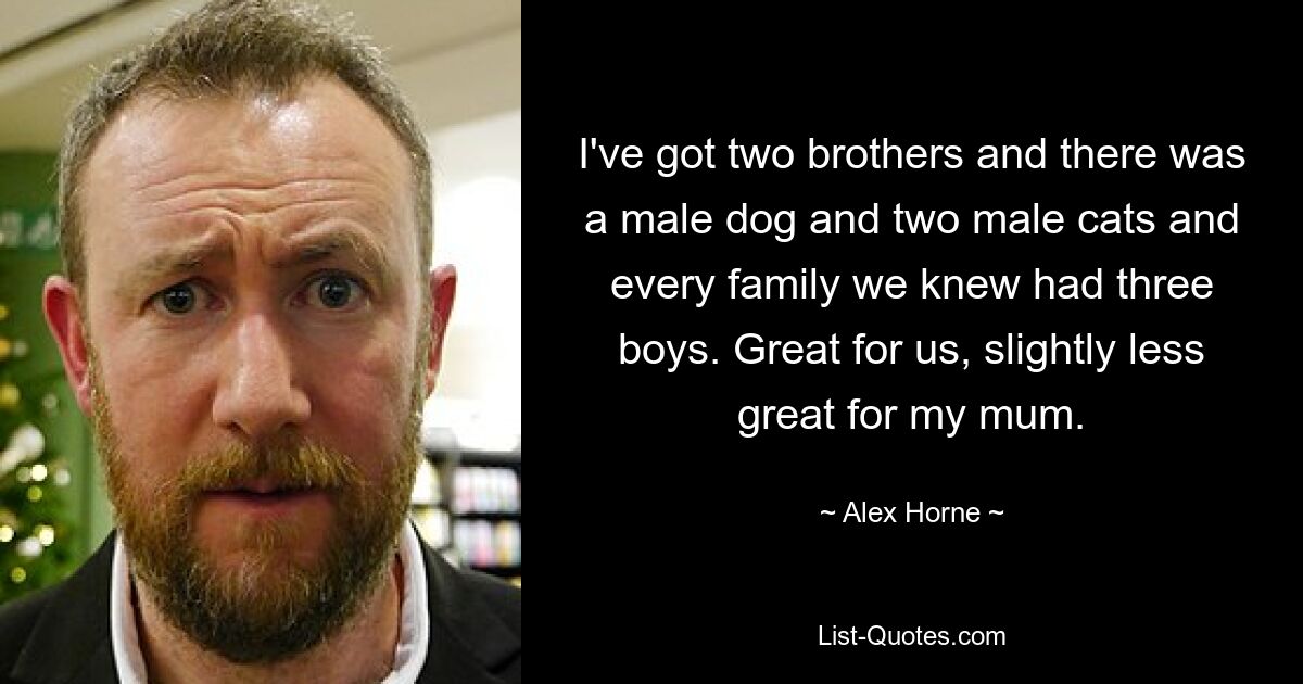 I've got two brothers and there was a male dog and two male cats and every family we knew had three boys. Great for us, slightly less great for my mum. — © Alex Horne