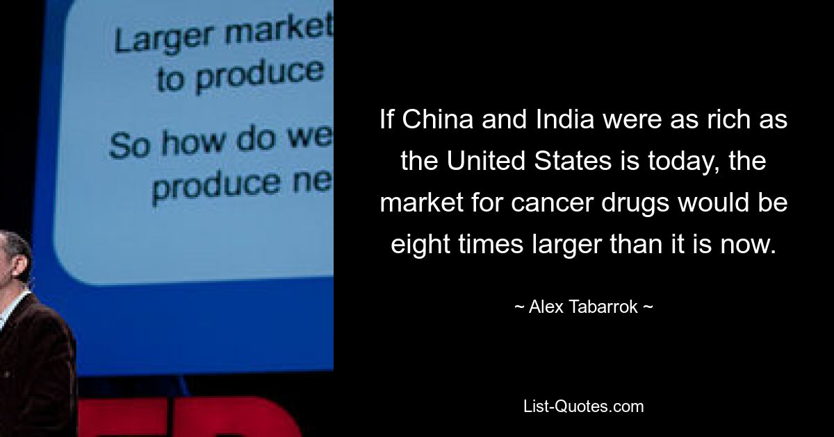 If China and India were as rich as the United States is today, the market for cancer drugs would be eight times larger than it is now. — © Alex Tabarrok