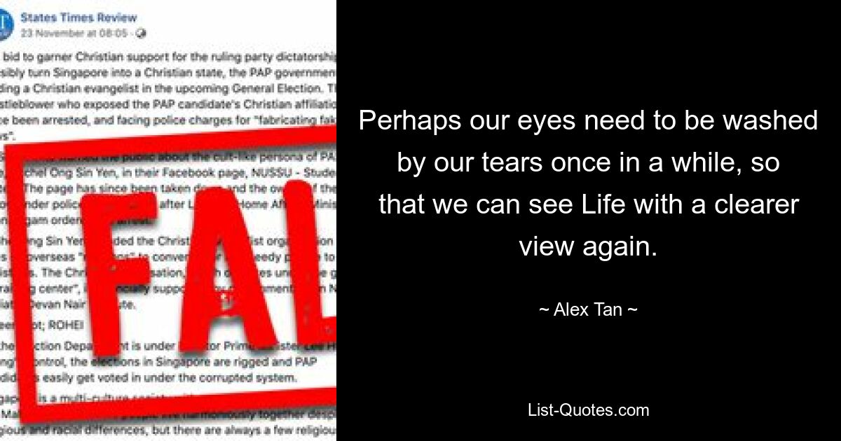 Perhaps our eyes need to be washed by our tears once in a while, so that we can see Life with a clearer view again. — © Alex Tan