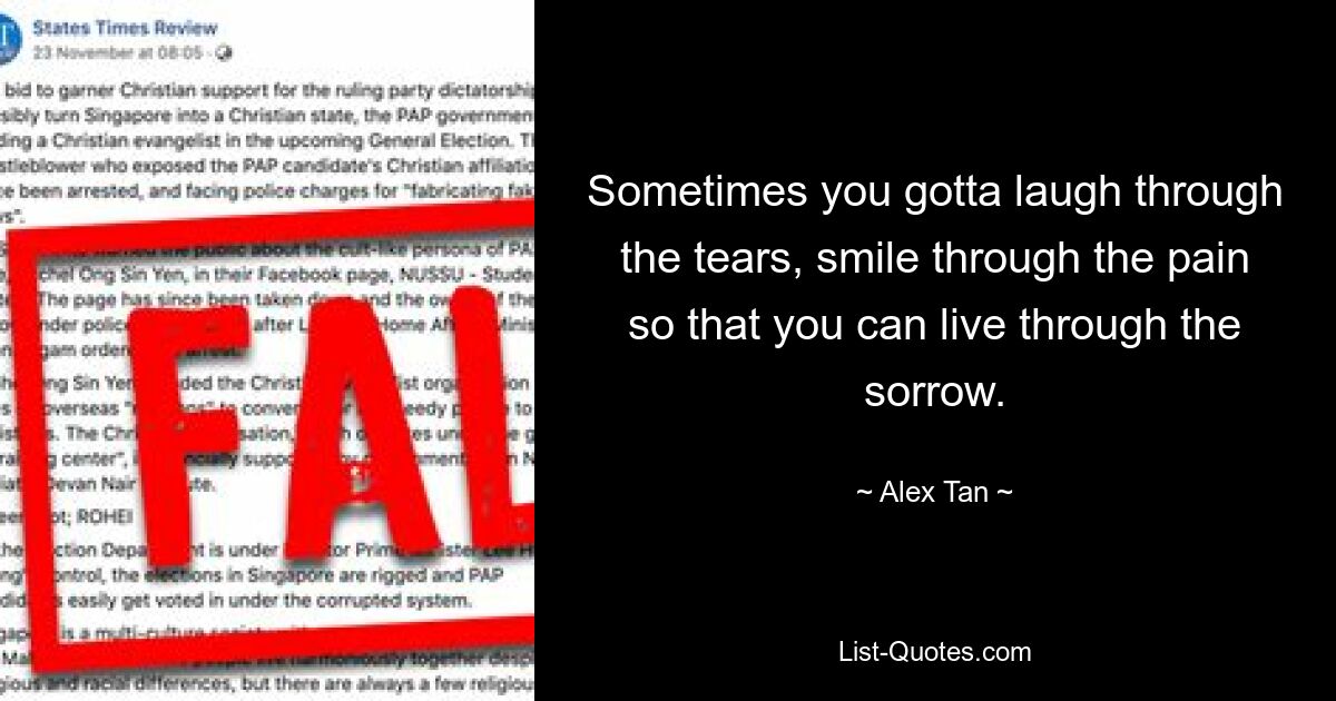 Sometimes you gotta laugh through the tears, smile through the pain so that you can live through the sorrow. — © Alex Tan