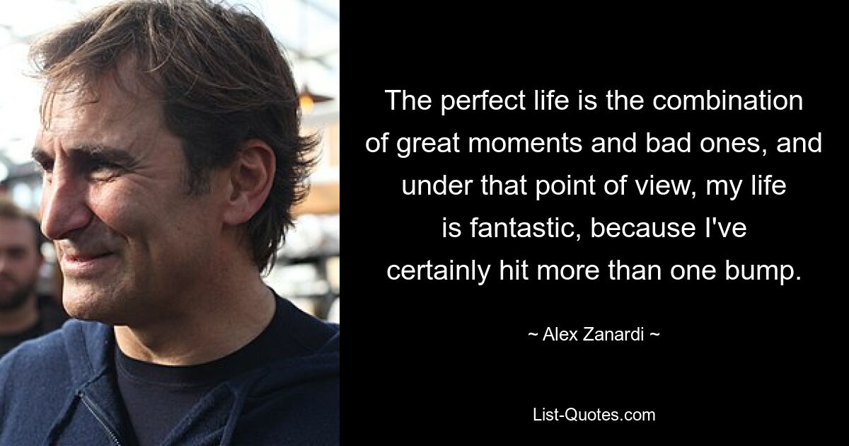 The perfect life is the combination of great moments and bad ones, and under that point of view, my life is fantastic, because I've certainly hit more than one bump. — © Alex Zanardi