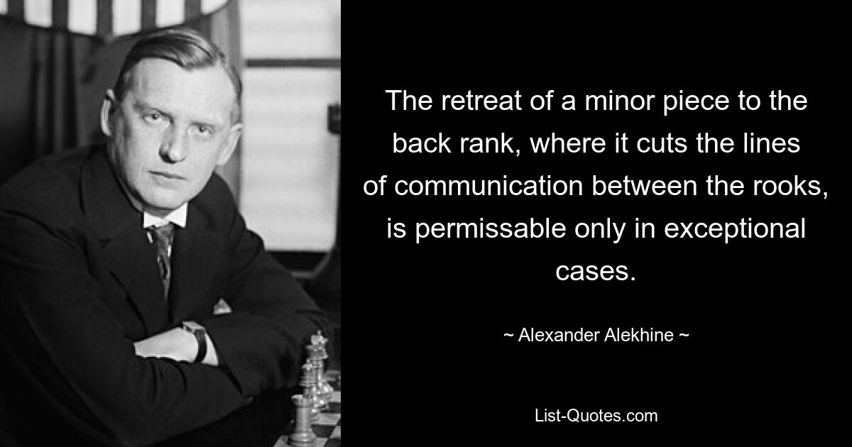 The retreat of a minor piece to the back rank, where it cuts the lines of communication between the rooks, is permissable only in exceptional cases. — © Alexander Alekhine