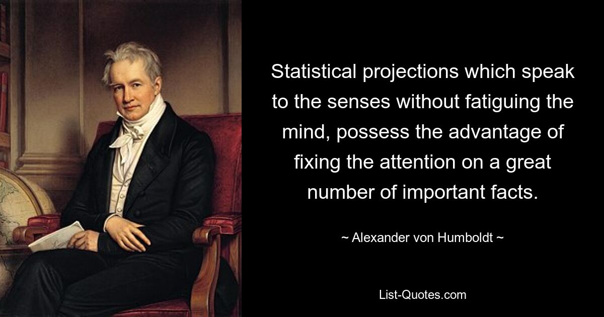 Statistical projections which speak to the senses without fatiguing the mind, possess the advantage of fixing the attention on a great number of important facts. — © Alexander von Humboldt