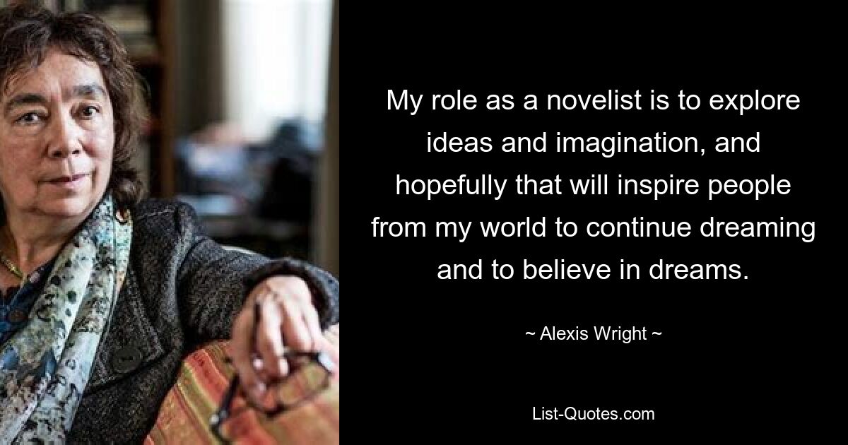 My role as a novelist is to explore ideas and imagination, and hopefully that will inspire people from my world to continue dreaming and to believe in dreams. — © Alexis Wright