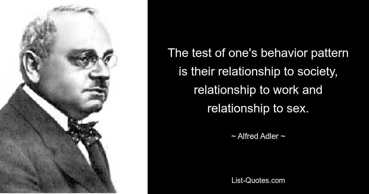 The test of one's behavior pattern is their relationship to society, relationship to work and relationship to sex. — © Alfred Adler