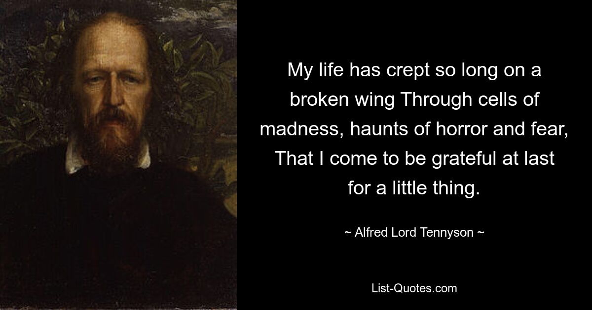 My life has crept so long on a broken wing Through cells of madness, haunts of horror and fear, That I come to be grateful at last for a little thing. — © Alfred Lord Tennyson