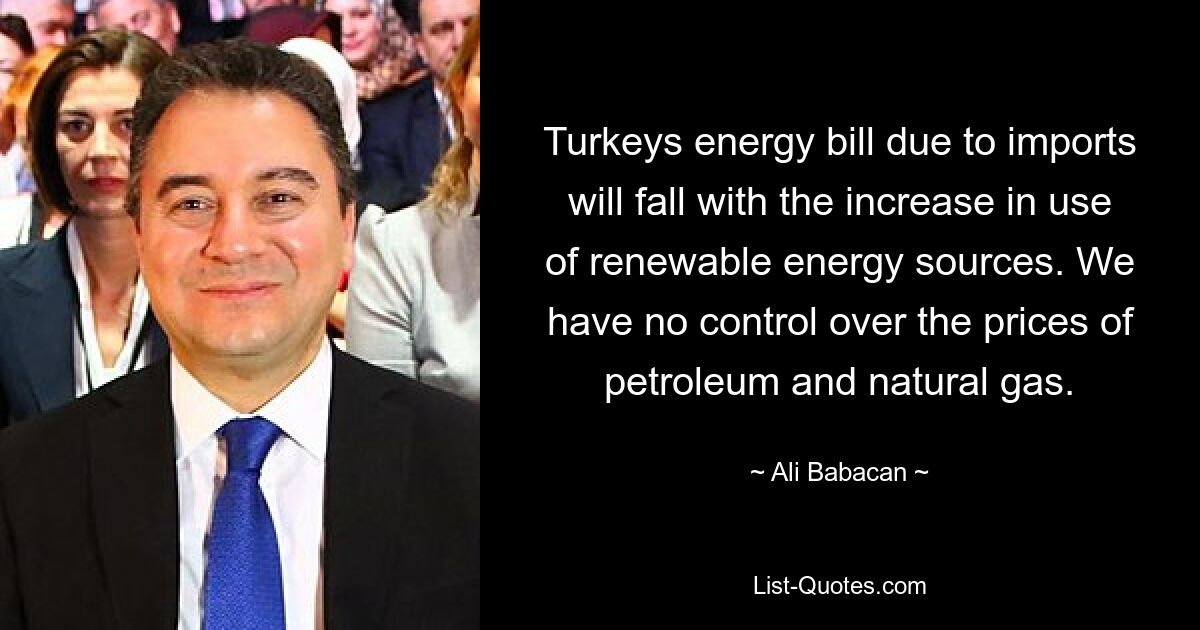 Turkeys energy bill due to imports will fall with the increase in use of renewable energy sources. We have no control over the prices of petroleum and natural gas. — © Ali Babacan