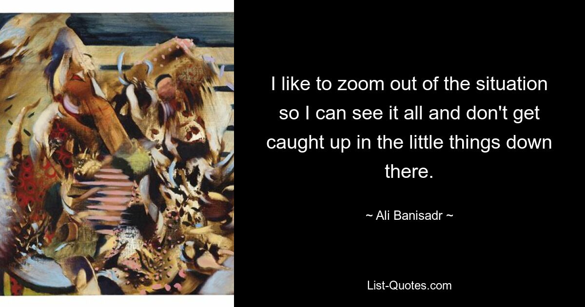 I like to zoom out of the situation so I can see it all and don't get caught up in the little things down there. — © Ali Banisadr