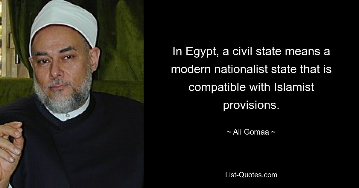 In Egypt, a civil state means a modern nationalist state that is compatible with Islamist provisions. — © Ali Gomaa