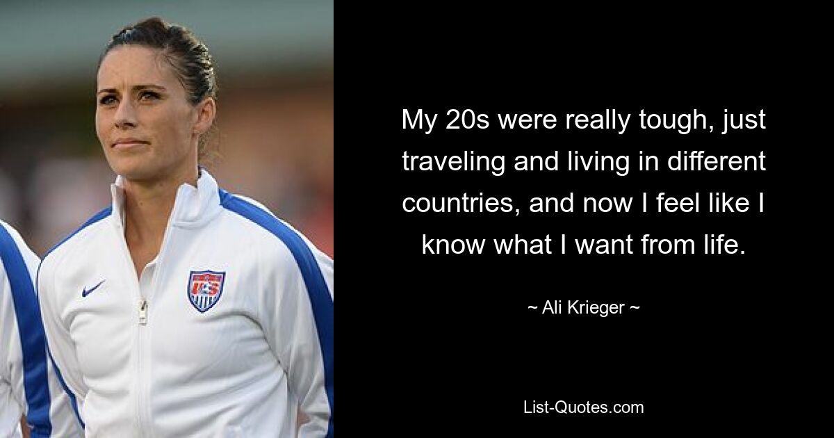 My 20s were really tough, just traveling and living in different countries, and now I feel like I know what I want from life. — © Ali Krieger