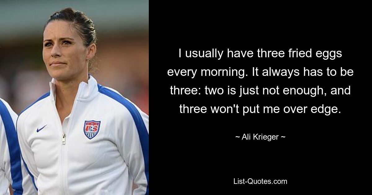 I usually have three fried eggs every morning. It always has to be three: two is just not enough, and three won't put me over edge. — © Ali Krieger