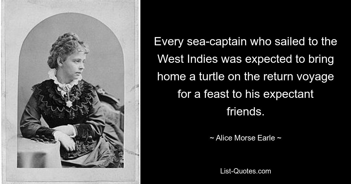 Every sea-captain who sailed to the West Indies was expected to bring home a turtle on the return voyage for a feast to his expectant friends. — © Alice Morse Earle