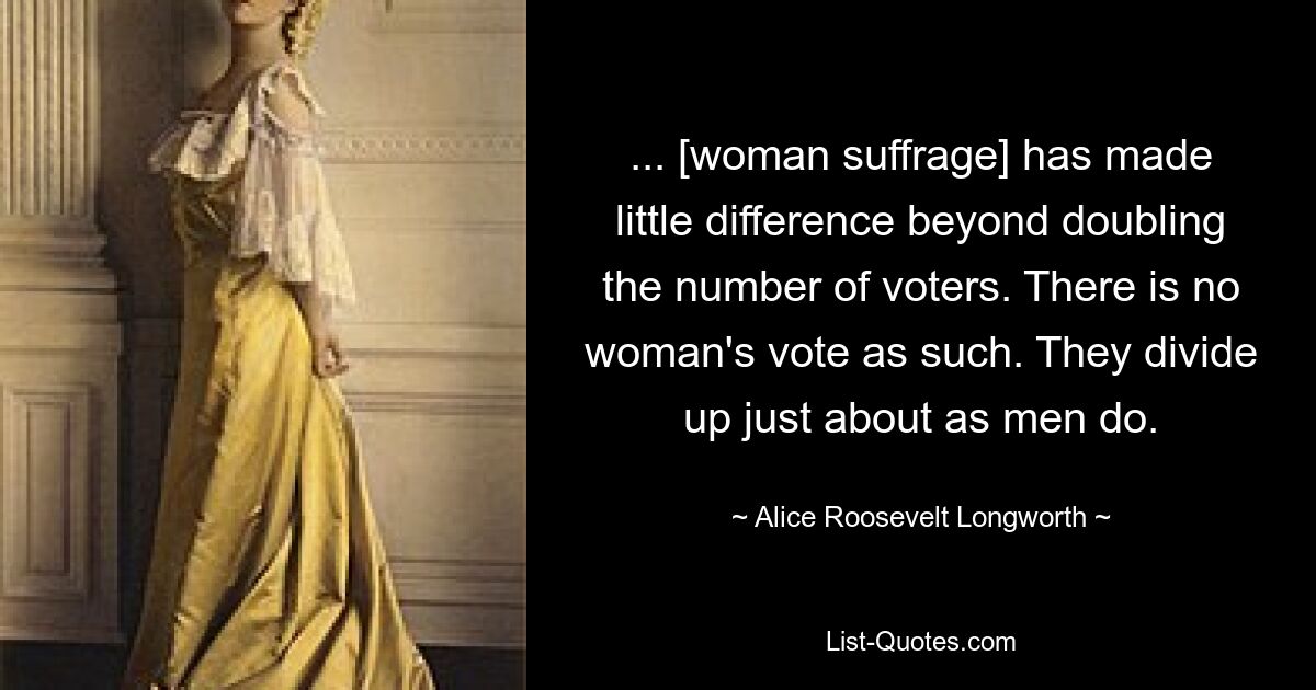 ... [woman suffrage] has made little difference beyond doubling the number of voters. There is no woman's vote as such. They divide up just about as men do. — © Alice Roosevelt Longworth