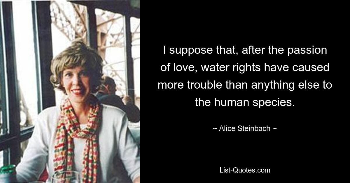 I suppose that, after the passion of love, water rights have caused more trouble than anything else to the human species. — © Alice Steinbach